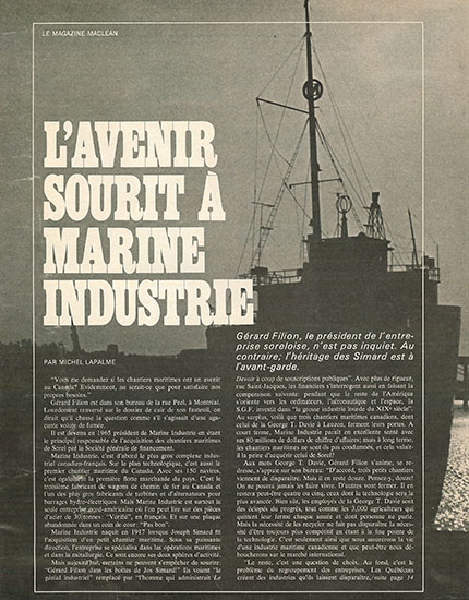 Article important sur Marine Industries avec photos paru dans une revue.