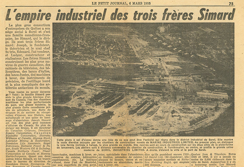 Article de journal accompagné d'une photo aérienne des chantiers navals