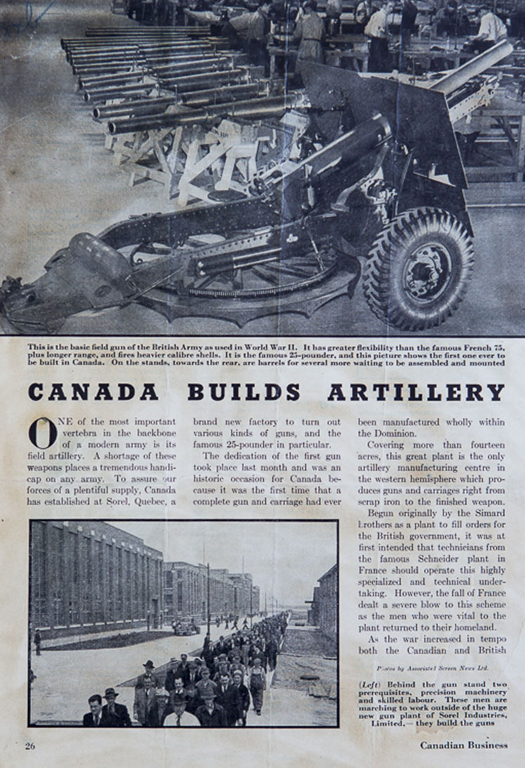 Un article de journal mentionnant que le Canada fabrique de l'artillerie.