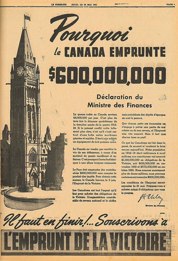 Publicité parue dans un journal comportant l'illustration du Parlement du Canada.
