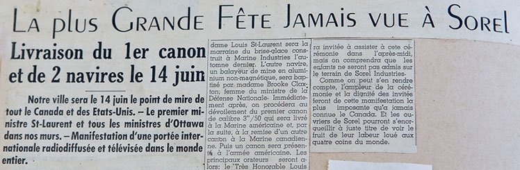 Article de journal décrivant le dévoilement des canons et le lancement des navires en juin 1952.