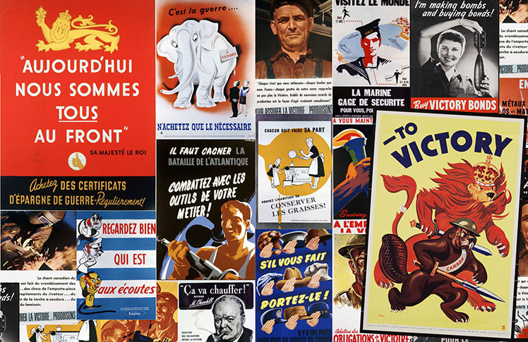 Différentes affiches faisant la promotion de l'effort de guerre.